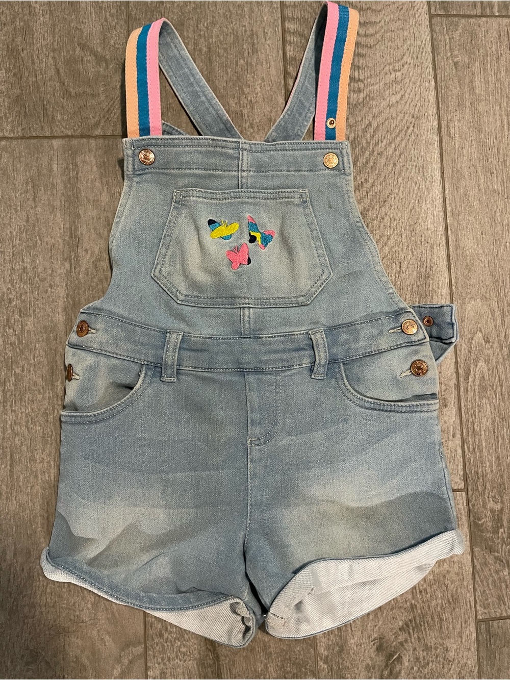 BCBGeneration Light Blue Denim Shortoveralls with Rainbow Straps